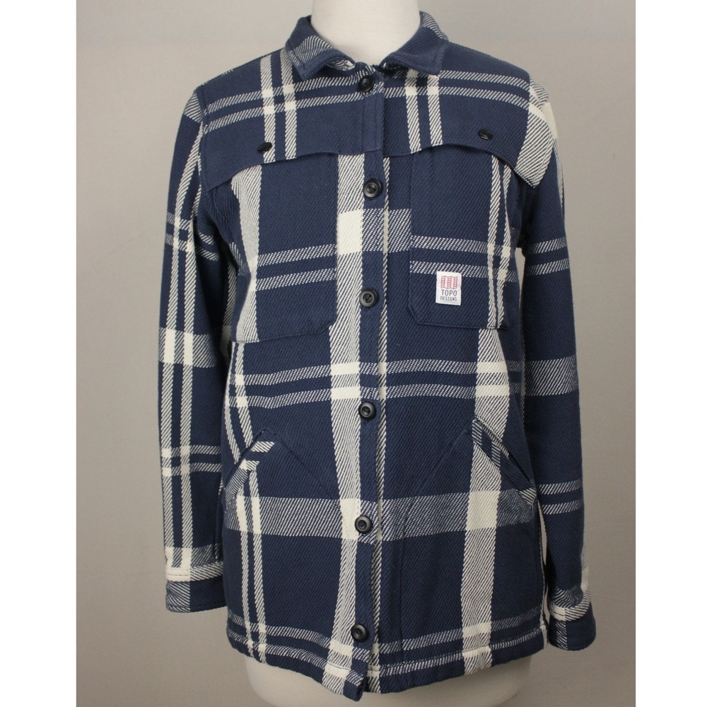 Topo Designs Plaid Mountain Shirt Jacket Blue White Women XS Cotton Shacket